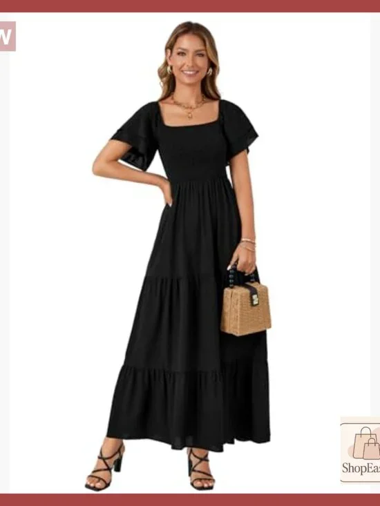 Smocked Midi Dress Square Neck Ruffle Sleeve Tiered Boho Wedding Guest Party - Picture 6 of 7